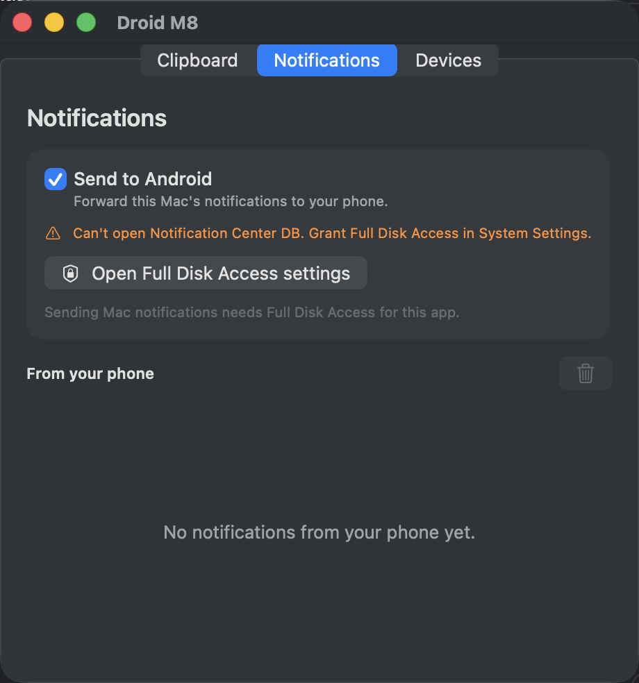 Droid M8 Mac Notifications tab with Full Disk Access prompt