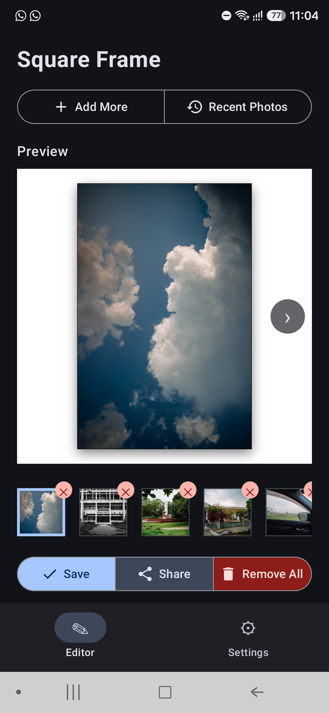 Square Frame editor with the squared preview, batch thumbnail strip, and Save · Share · Remove All buttons